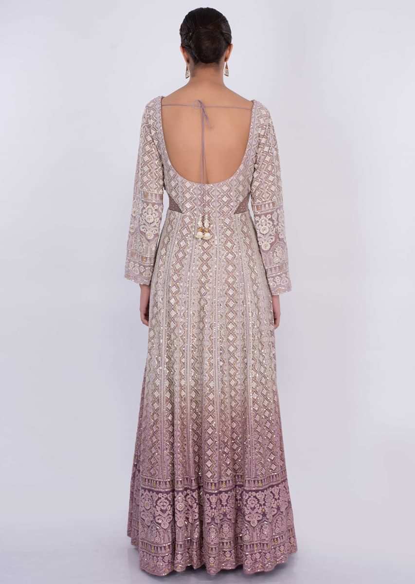 Off white and orchid shaded lucknowi embroidered anarkali 