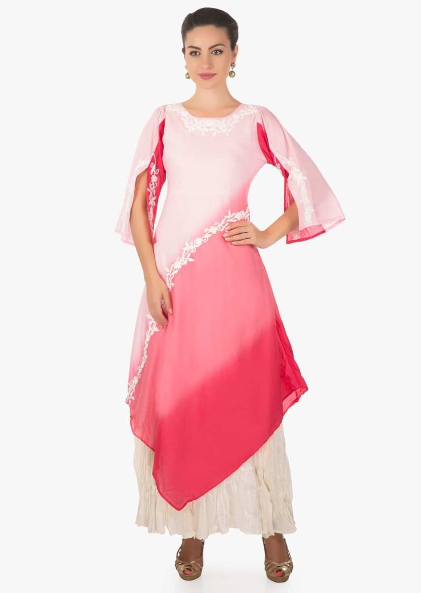 Off white and pink shaded kurti with thread embroidered neckline only on Kalki