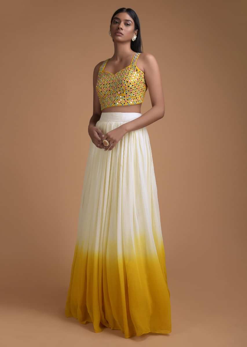 Off White And Sun Yellow Ombre Jacket Lehenga With Abla Embellished Crop Top