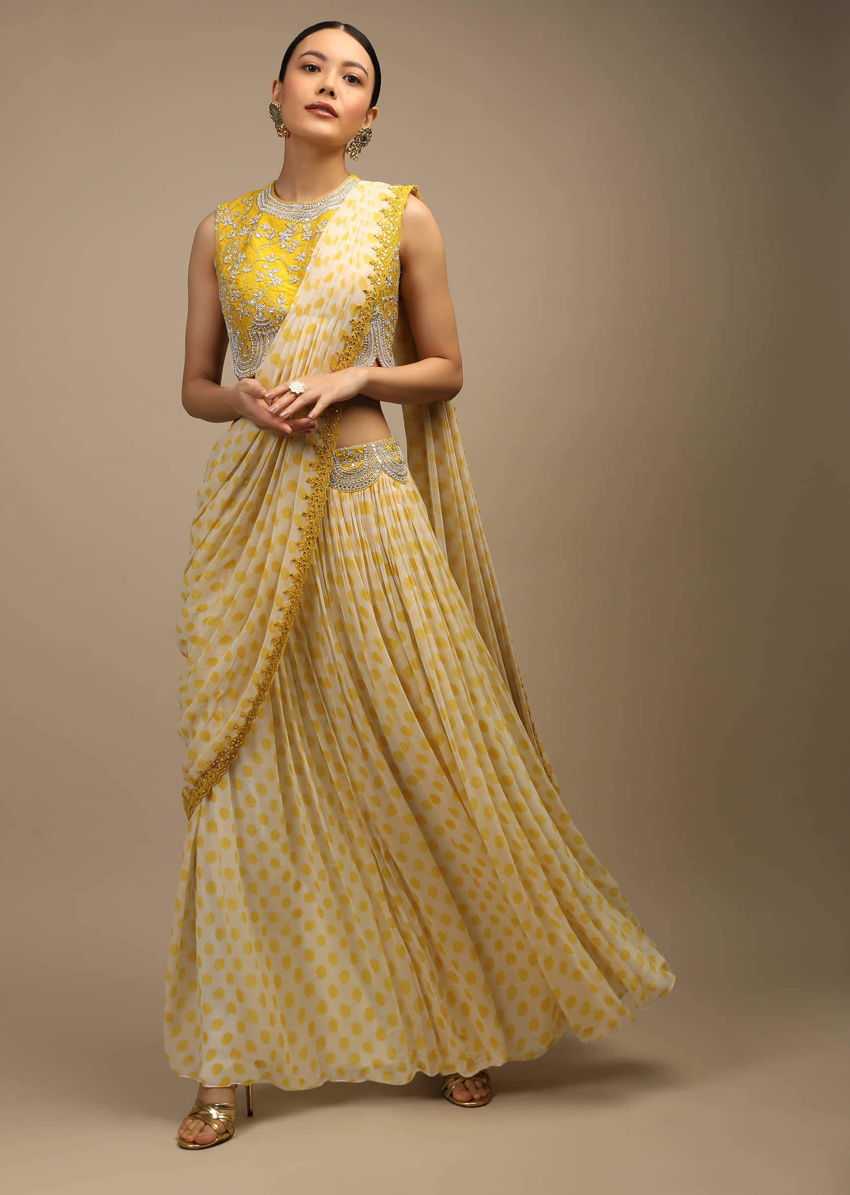Off White And Yellow Flared Palazzo Saree In Georgette With Polka Dot Print And Mirror Embroidered Crop Top 