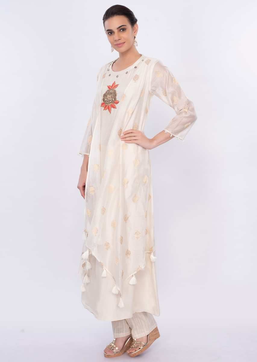Off White Attached Jacket Suit In Golden Butti Online - Kalki Fashion
