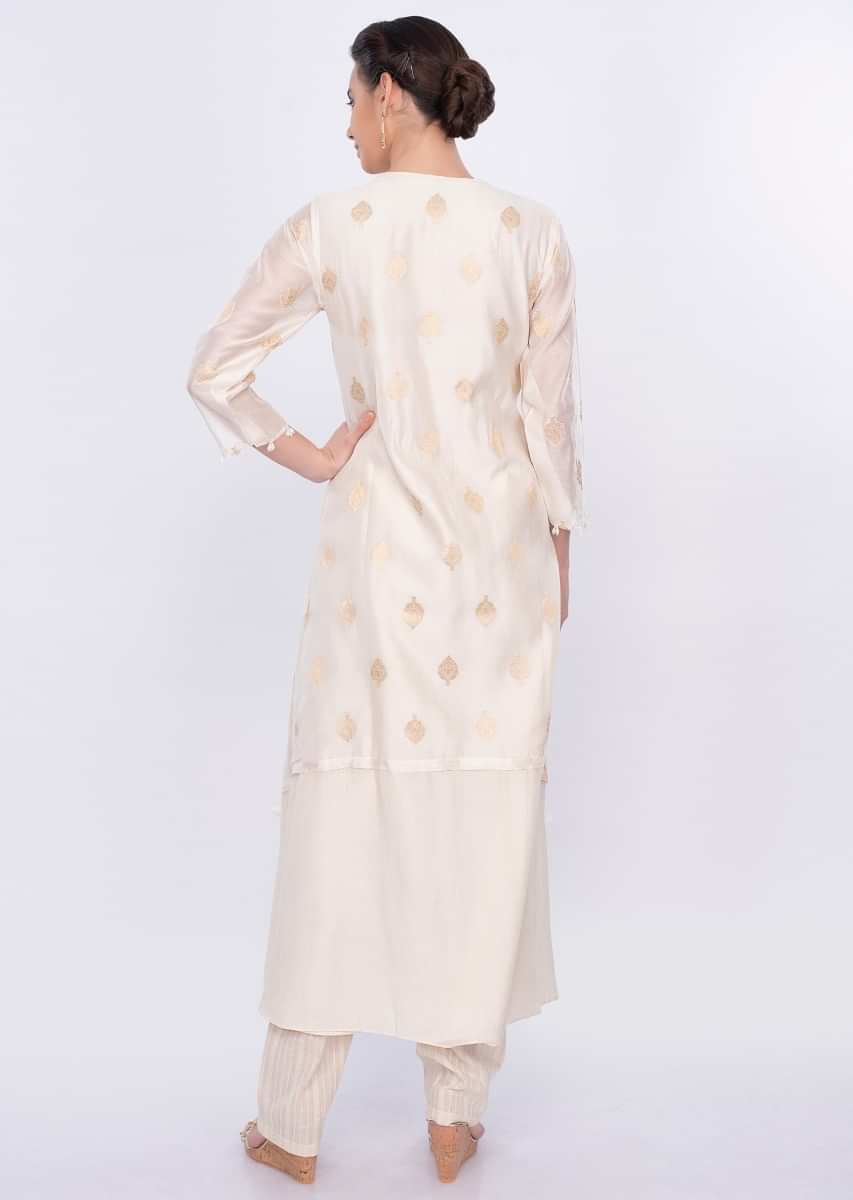 Off White Attached Jacket Suit In Golden Butti Online - Kalki Fashion