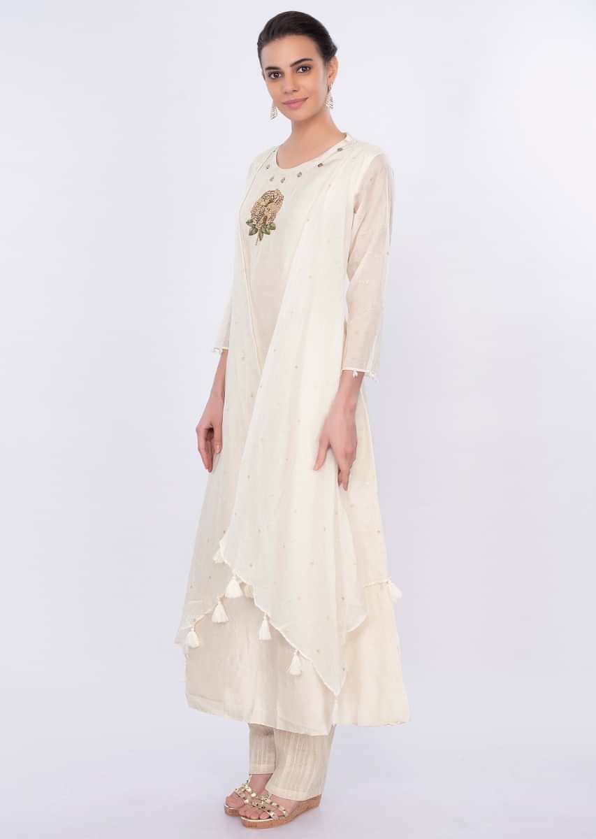 Off White Suit With Attached Jacket And Jute Cotton Bottom Online - Kalki Fashion