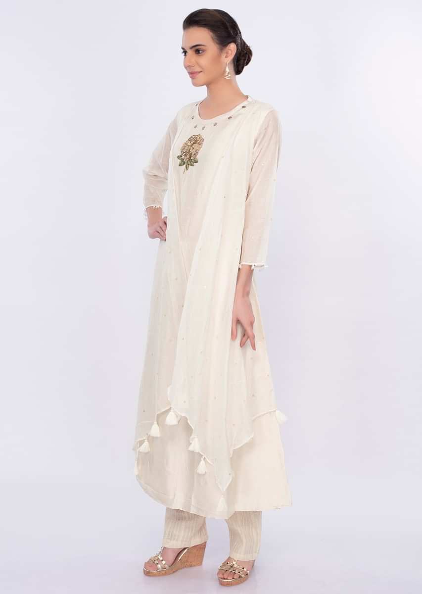 Off White Suit With Attached Jacket And Jute Cotton Bottom Online - Kalki Fashion