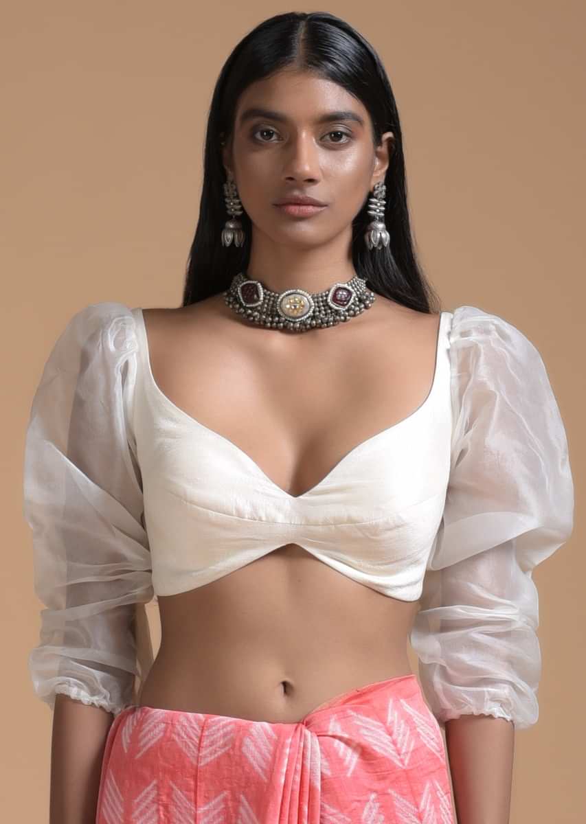 Buy Off White Blouse In Raw Silk With Fancy Puffed Organza Sleeves And  Sweetheart Neckline Online - Kalki Fashion