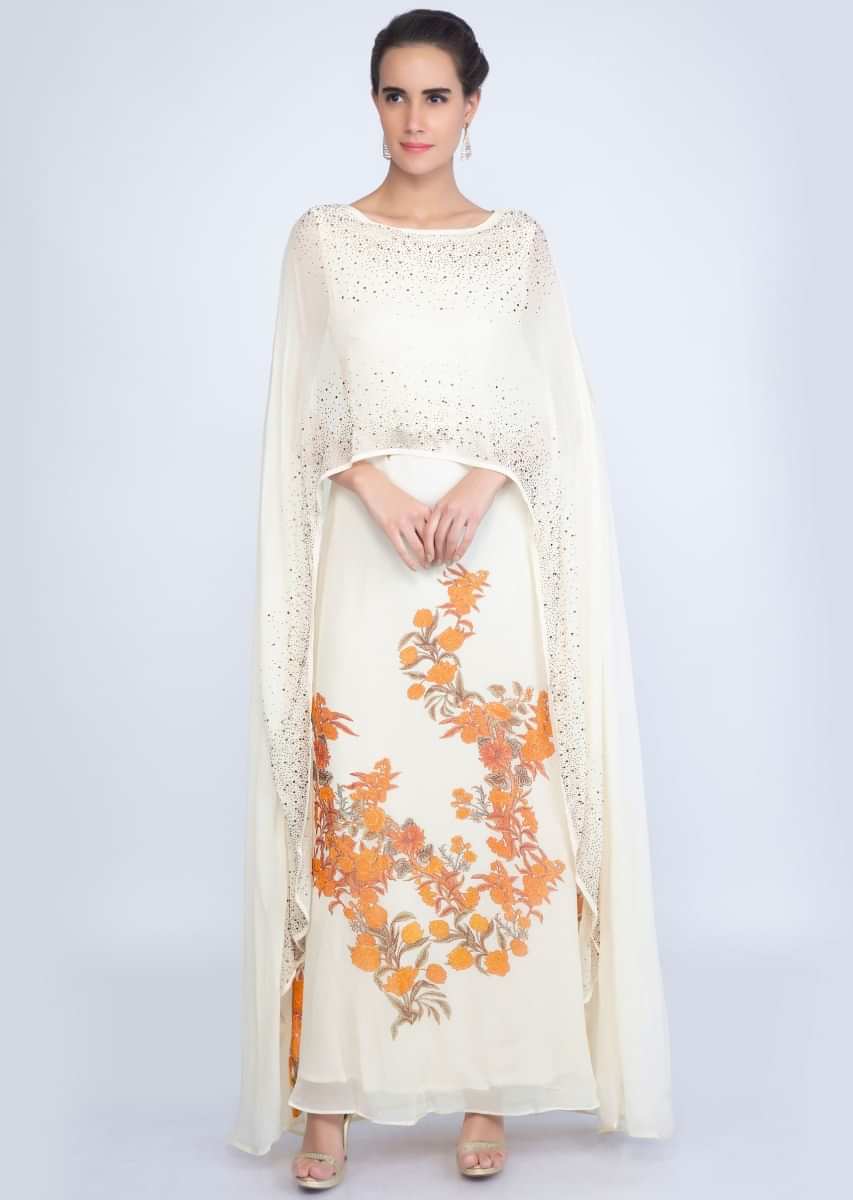 Off White Cape Tunic Dress With Contrasting Floral Print Online - Kalki Fashion