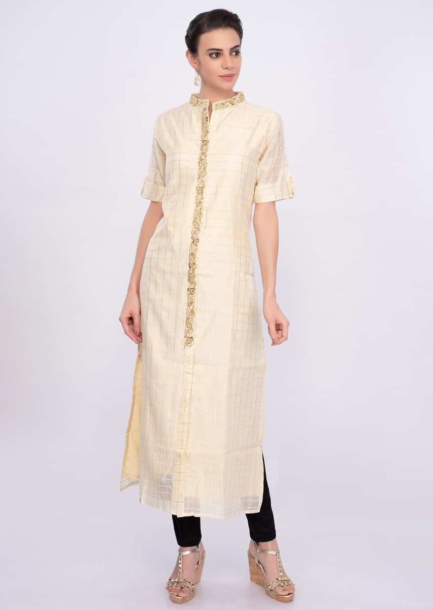 Buy Powder Peach Straight Cut Kurti And Dupatta Set With Multi Colored  Thread And Moti Embroidered Floral Design Online  Kalki Fashion