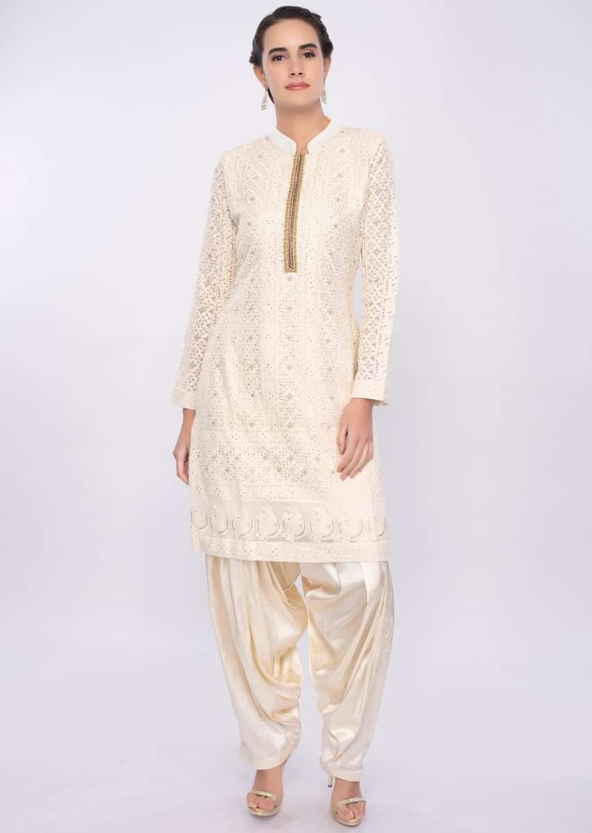 Off White Salwar Suit With Chikan Embroidery Online - Kalki Fashion