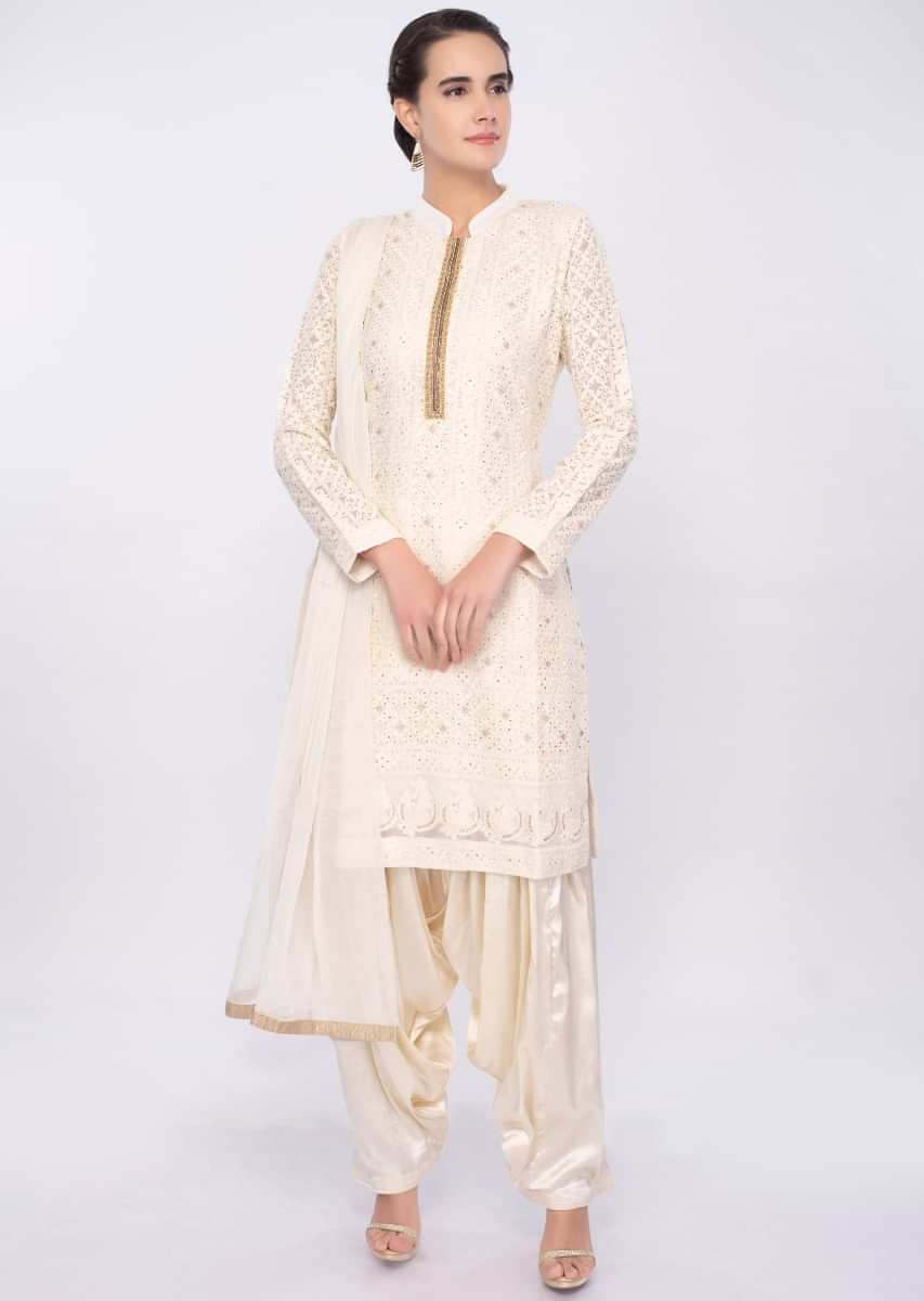 Off White Salwar Suit With Chikan Embroidery Online - Kalki Fashion