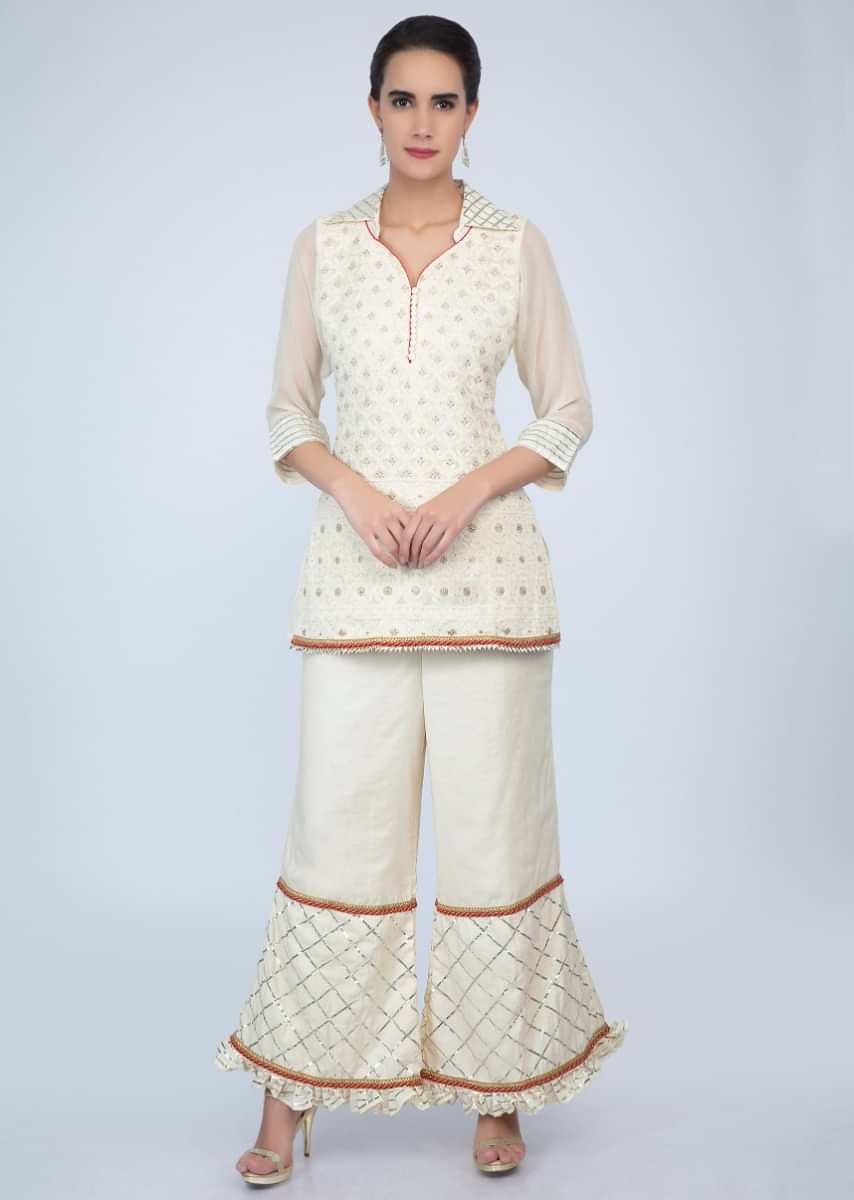 Off White Suit With Chikan Embroidery And Mandarin Collar With Lace Embroidered Sharara Online - Kalki Fashion