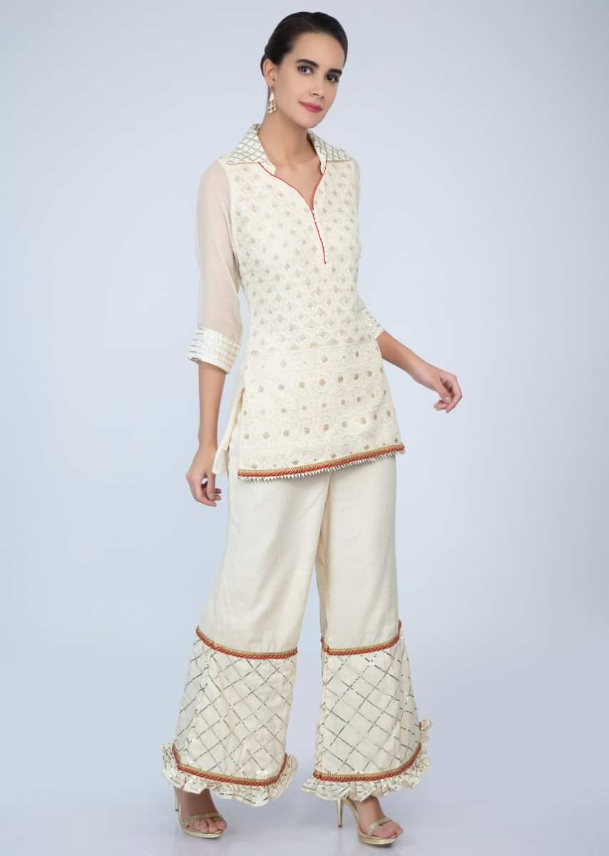 Off White Suit With Chikan Embroidery And Mandarin Collar With Lace Embroidered Sharara Online - Kalki Fashion
