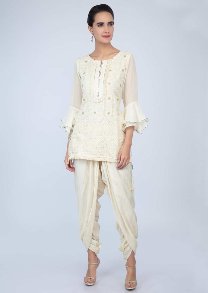 Off White Top With Chikan Embroidery And Dhoti Pant Online - Kalki Fashion