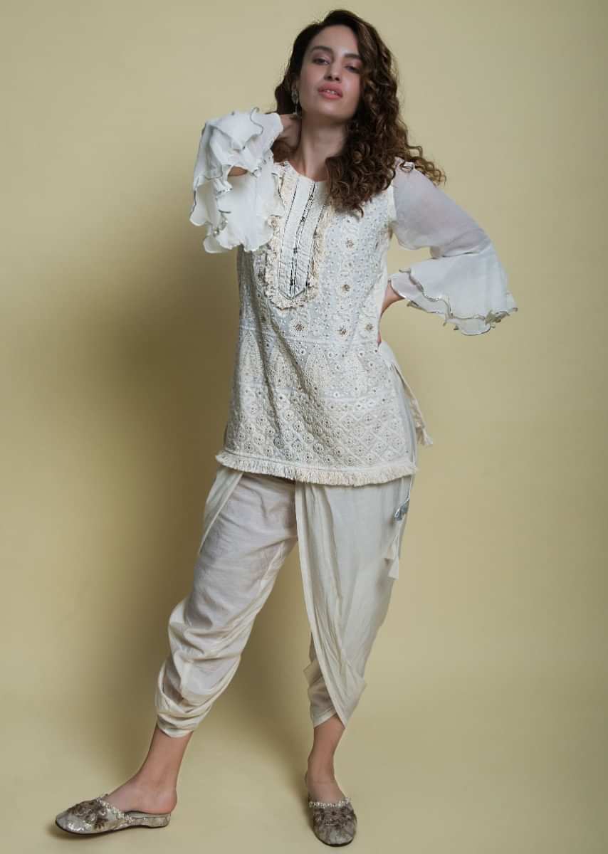 Off White Top With Chikan Embroidery And Dhoti Pant Online - Kalki Fashion