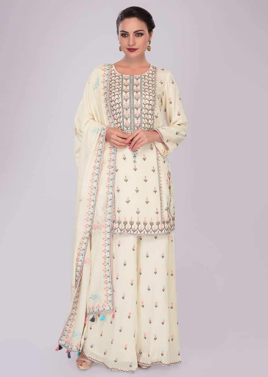 Off white cotton suit and palazzo in embroidery and butti 