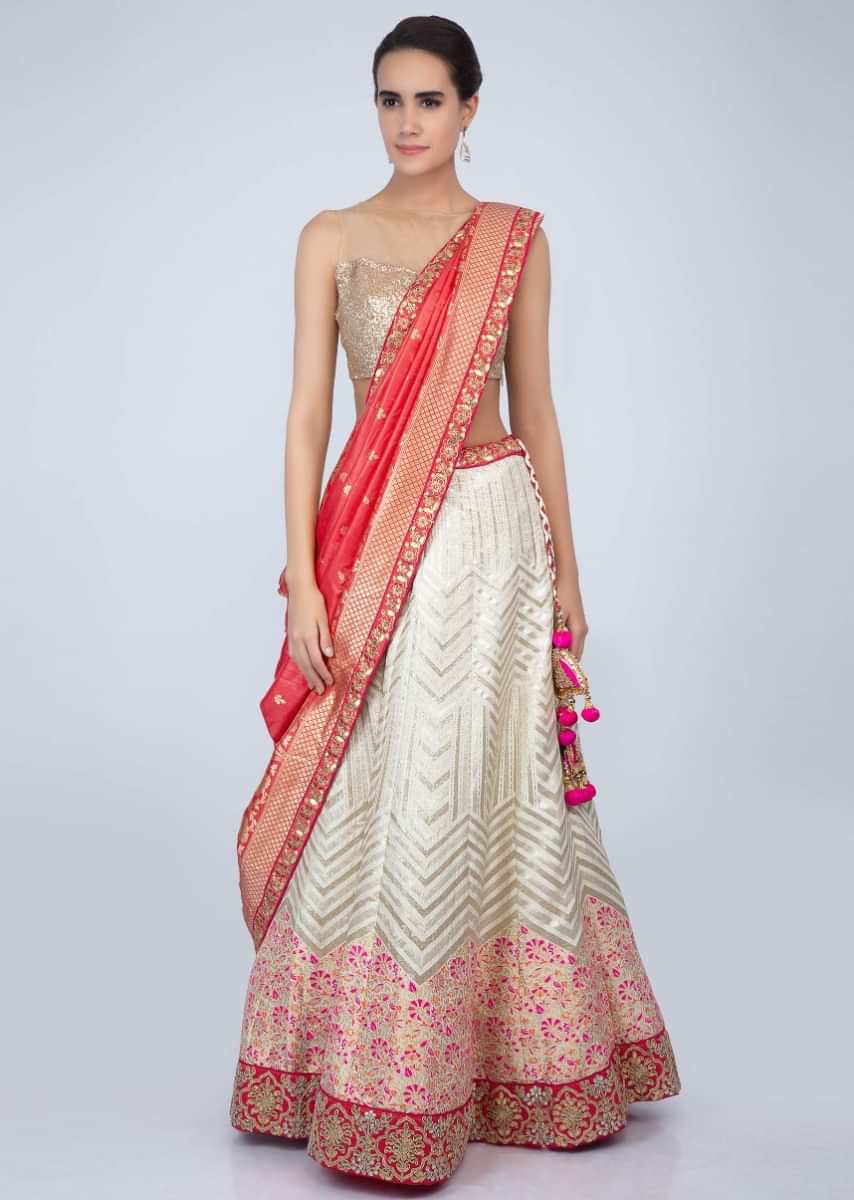 Off White Lehenga In Floral Embroidered Brocade Silk With Contrasting Peach Dupatta Online - Kalki Fashion