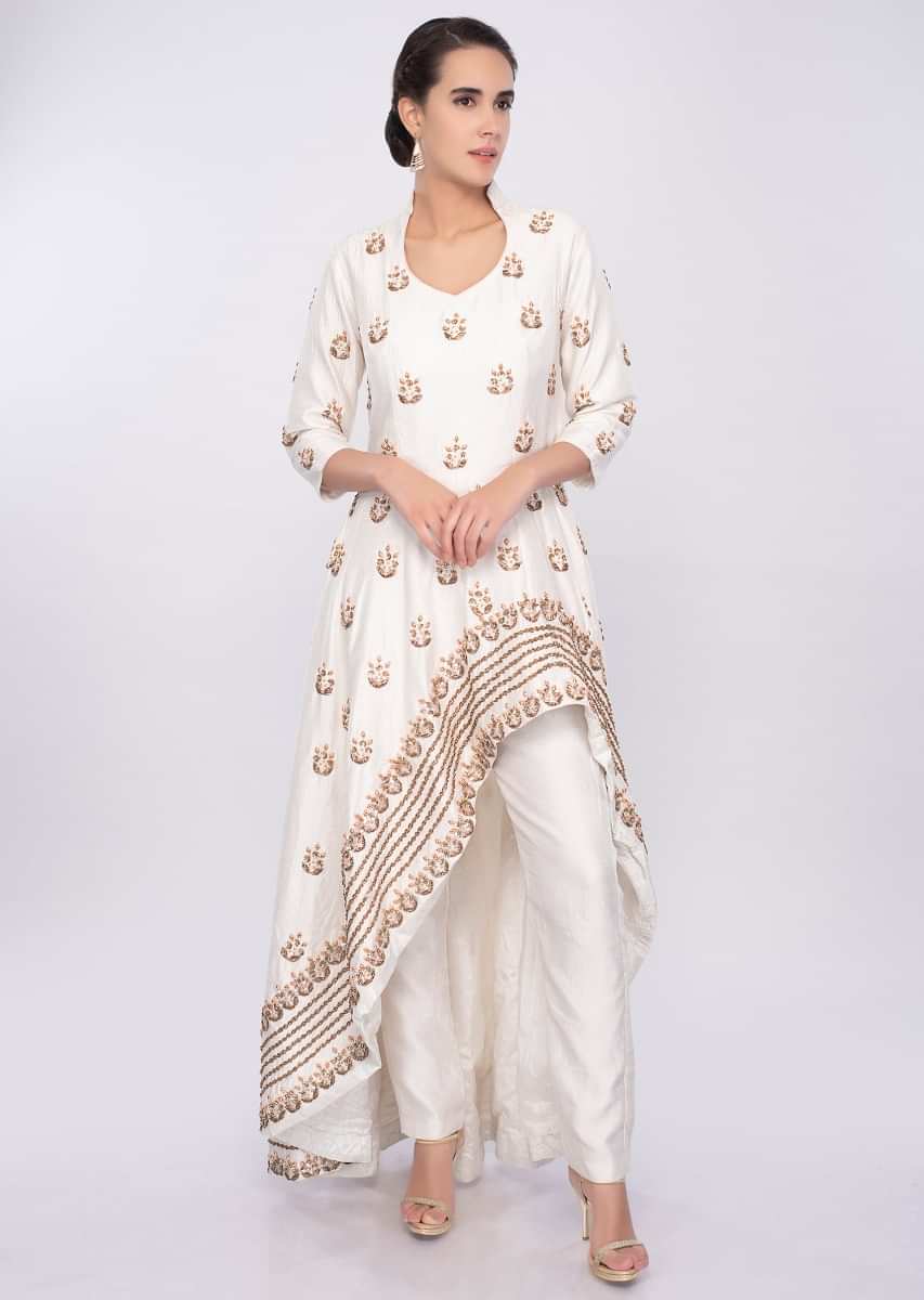 Off white front short back long embroidered suit with yellow net dupatta only on Kalki