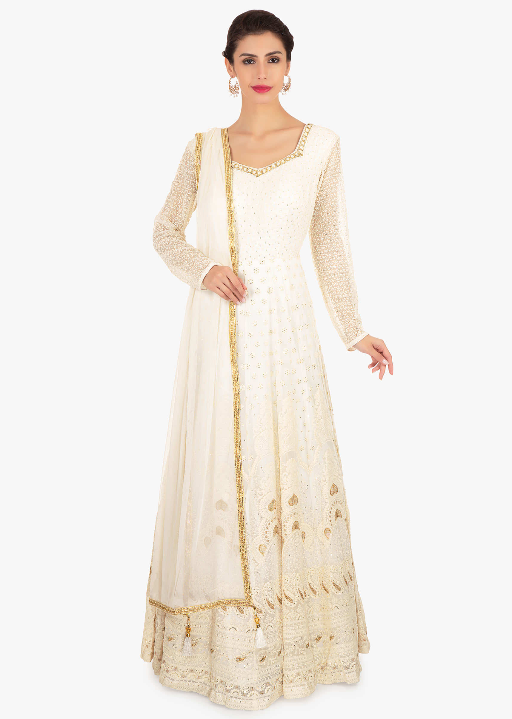 Off white georgette anarkali paired with a net dupatta in lace