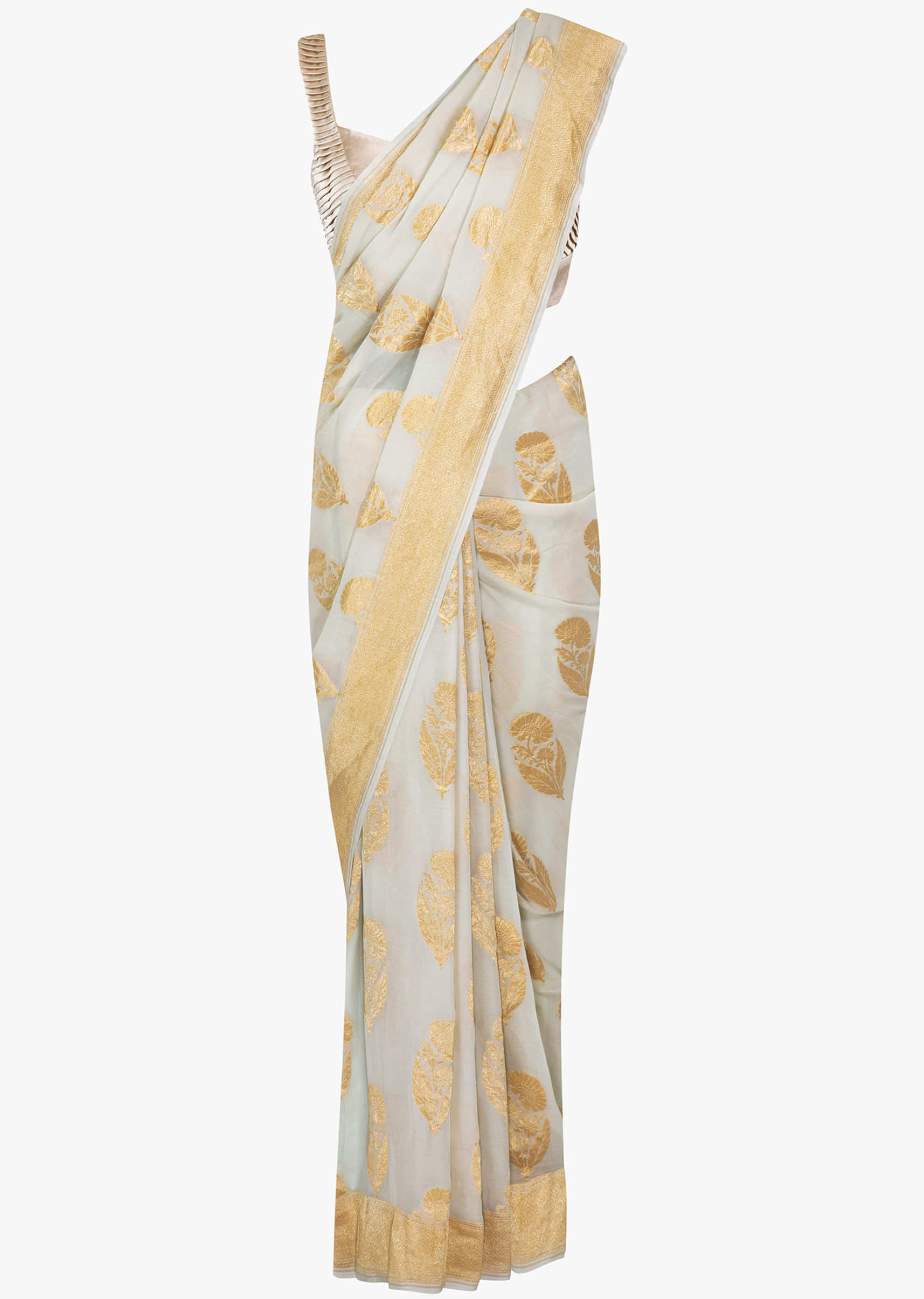 Off white georgette saree in weaved floral butti all over