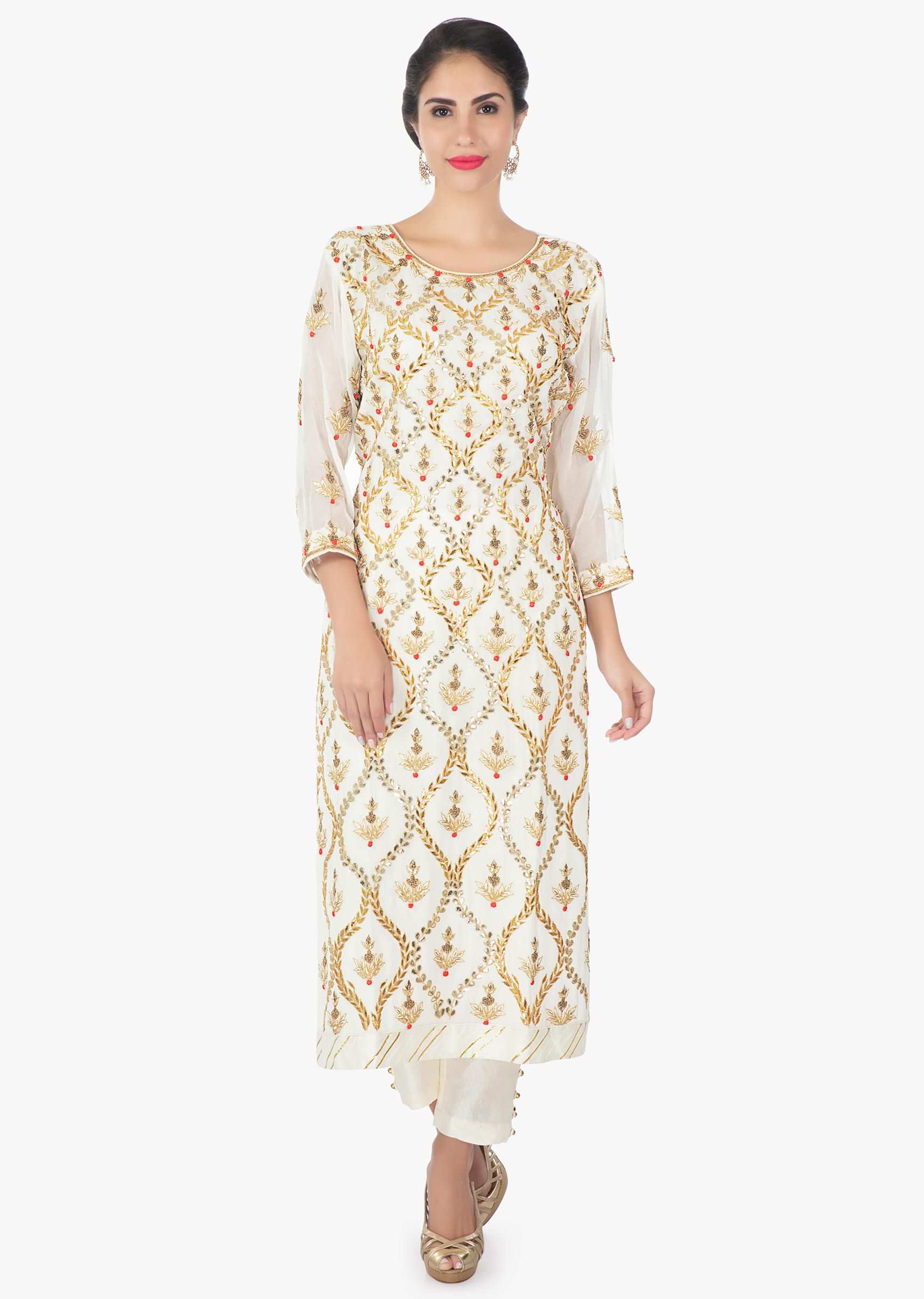 Off white georgette  suit with a straight pant and a chiffon dupatta 