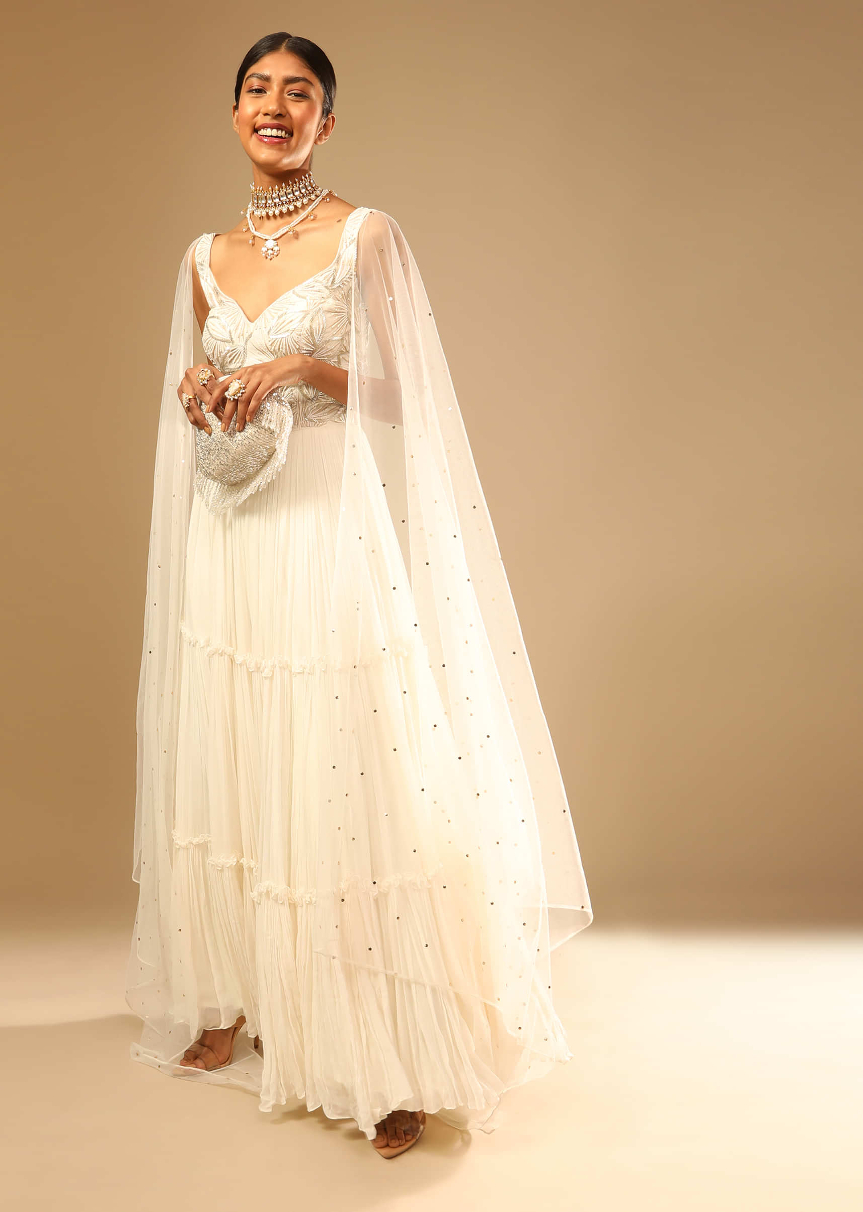 Off white Siffon Fancy Gown With Off White Dupatta