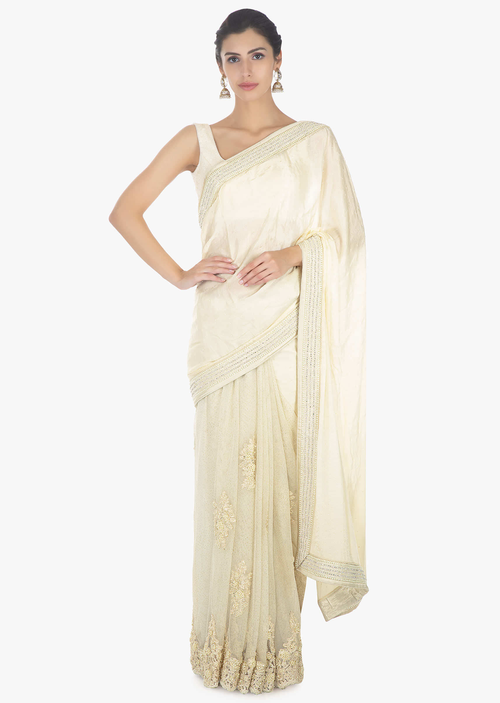 Off white half and half saree in chiffon and net saree with embellished scallop border 