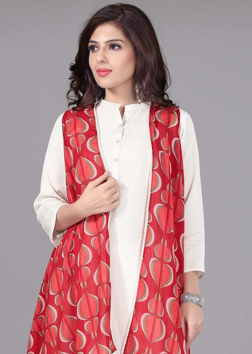 Off White Kurta Set With Cowl Pants And Red Printed Jacket  