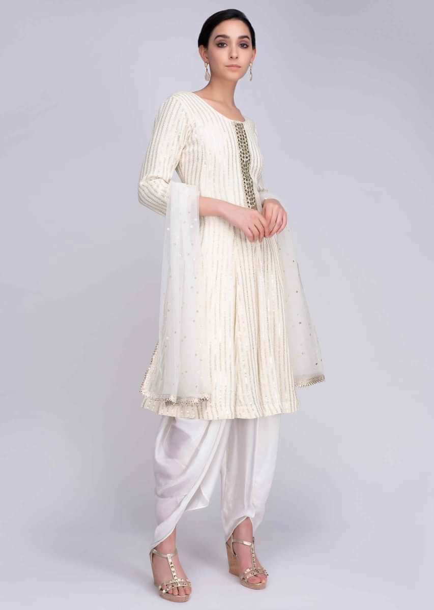 Off white lucknowi embroidered suit with white satin dhoti only on Kalki