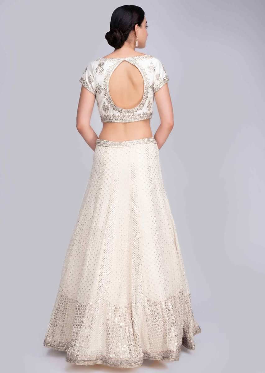 Buy Off White Lehenga In Lucknowi Georgette With Mirror And Gotta ...