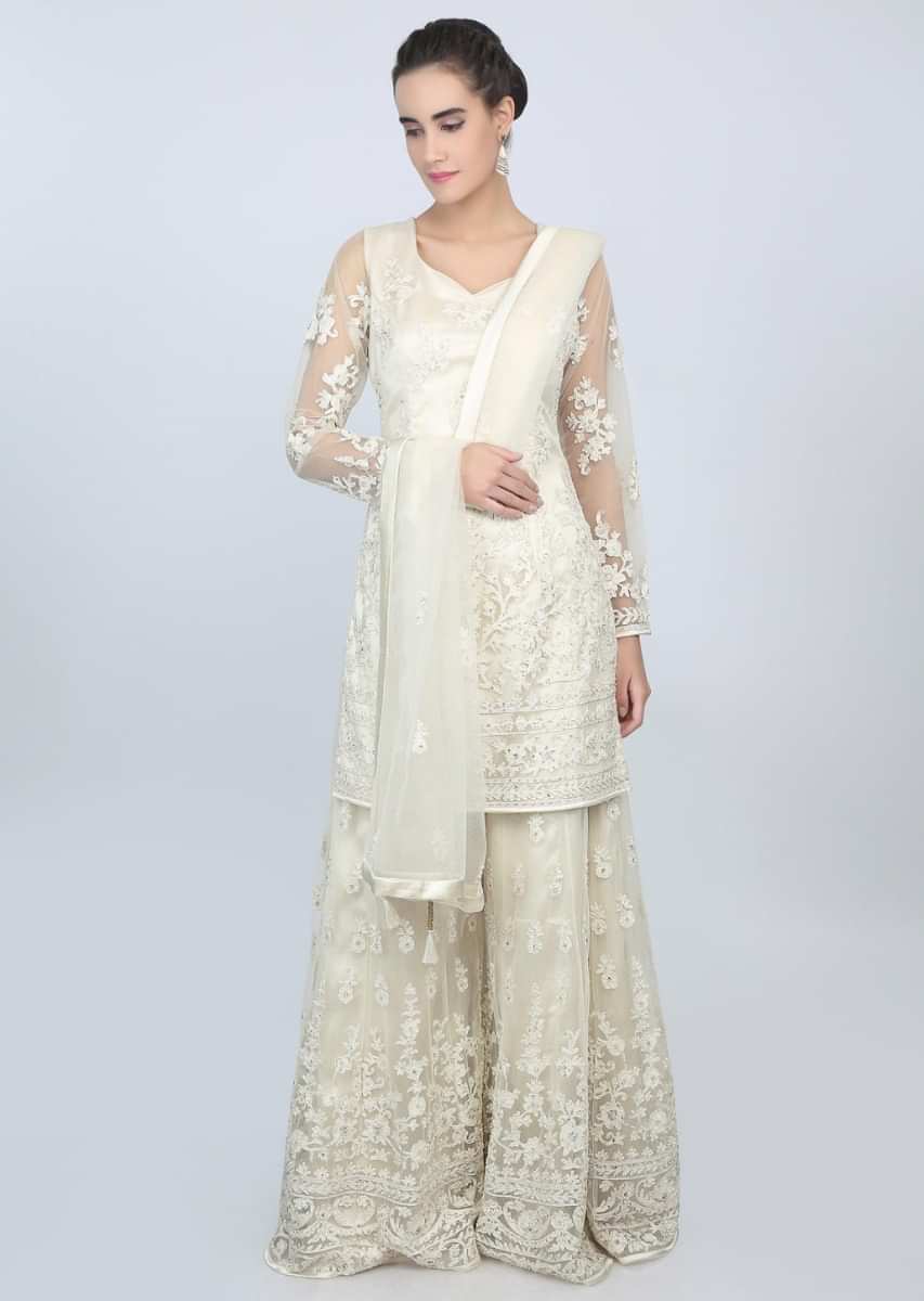 Off White Palazzo Suit In Net Set With Floral Cord Embroidery Online - Kalki Fashion