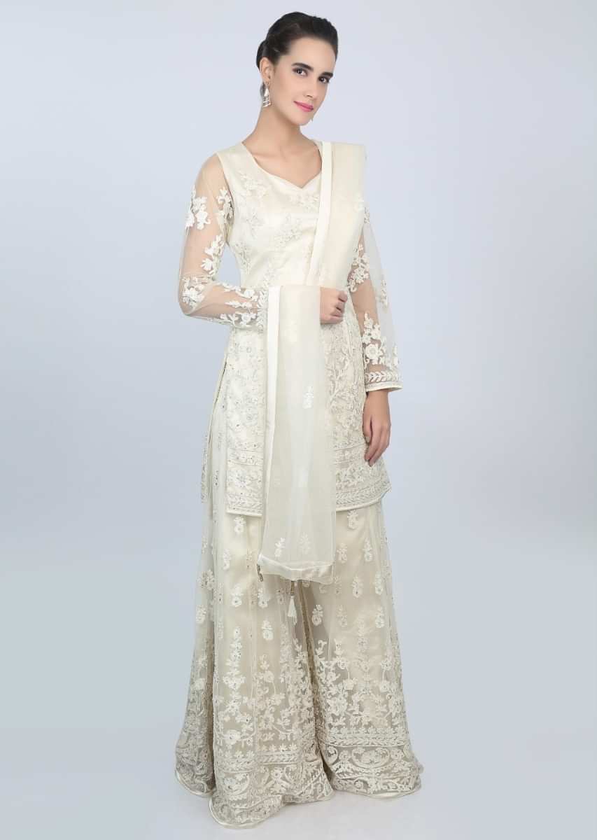 Off White Palazzo Suit In Net Set With Floral Cord Embroidery Online - Kalki Fashion