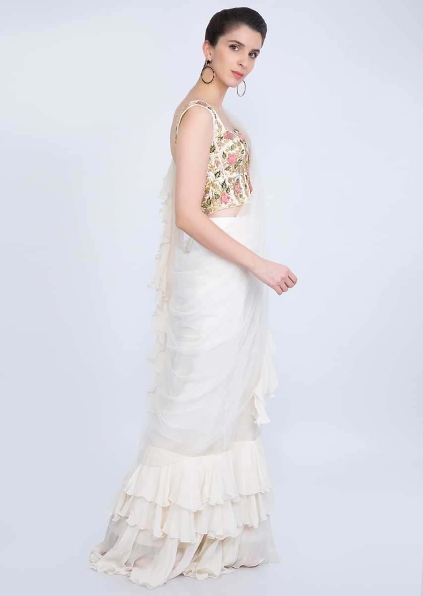 Off White Ready To Wear Saree In Net With Ruffled Hem And Pallu Online - Kalki Fashion