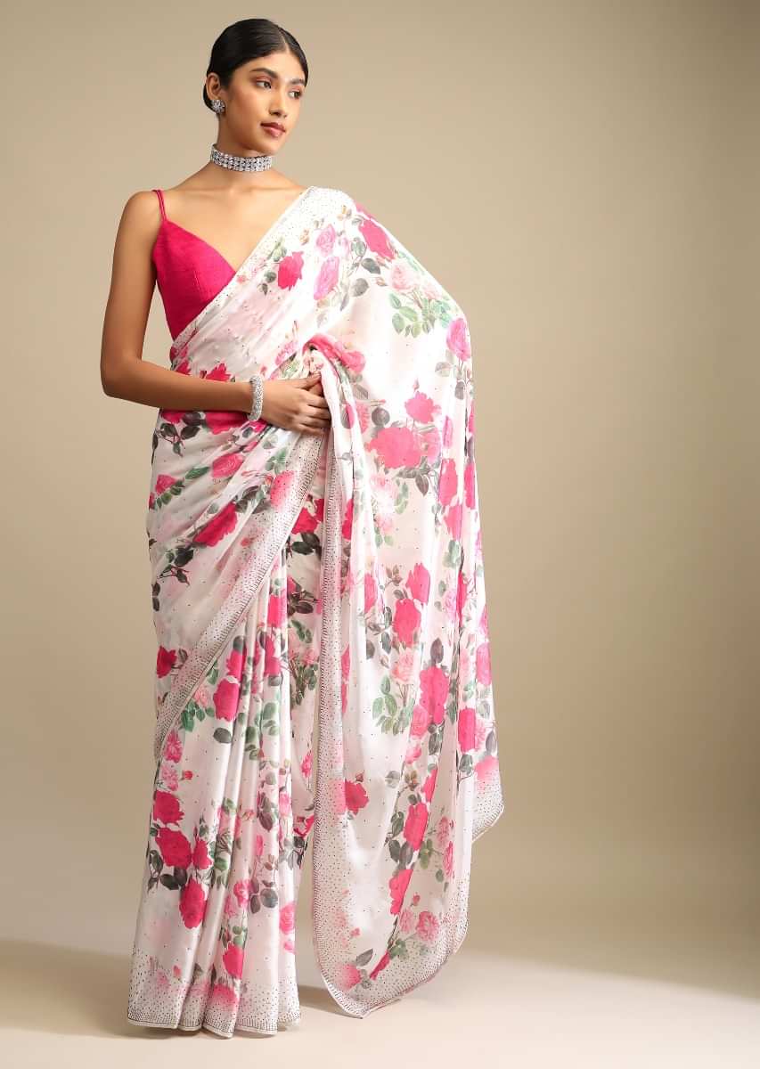 Off White Saree In Crepe With Floral Print All Over And Multi Colored Kundan Accents Along The Border  