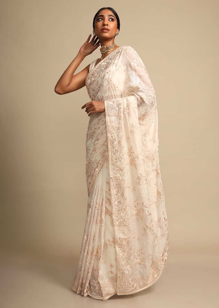 Off White Gold Georgette Heavy Sequins Embroidered Saree Silk Blouse-totobed.com.vn