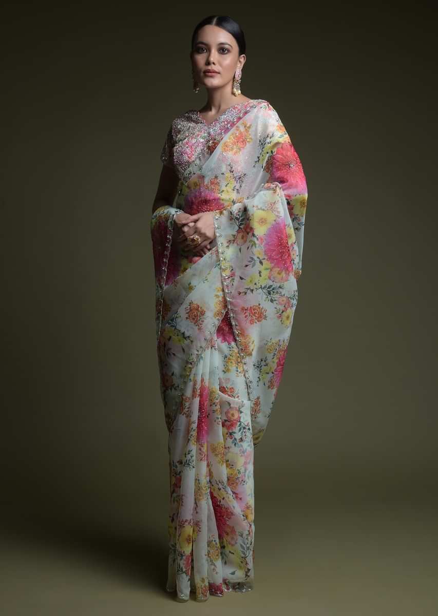 Off White Saree In Organza With Multi Colored Floral Print And Matching Embellished Blouse  