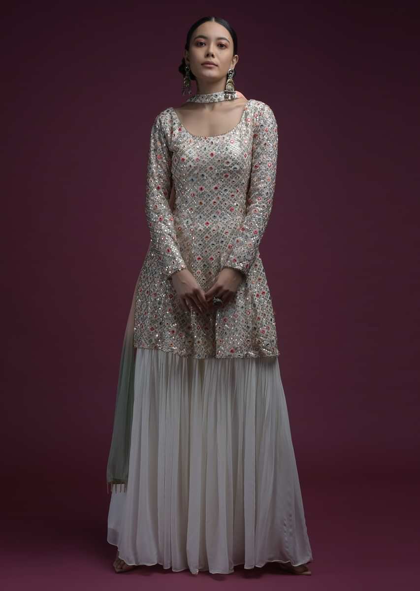 Off White Sharara Suit In Georgette With Peplum Kurti Adorned In Colorful Resham And Mirror Abla Jaal