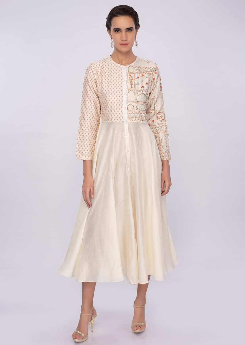 Off white silk kurti with print and embroidered bodice only on kalki