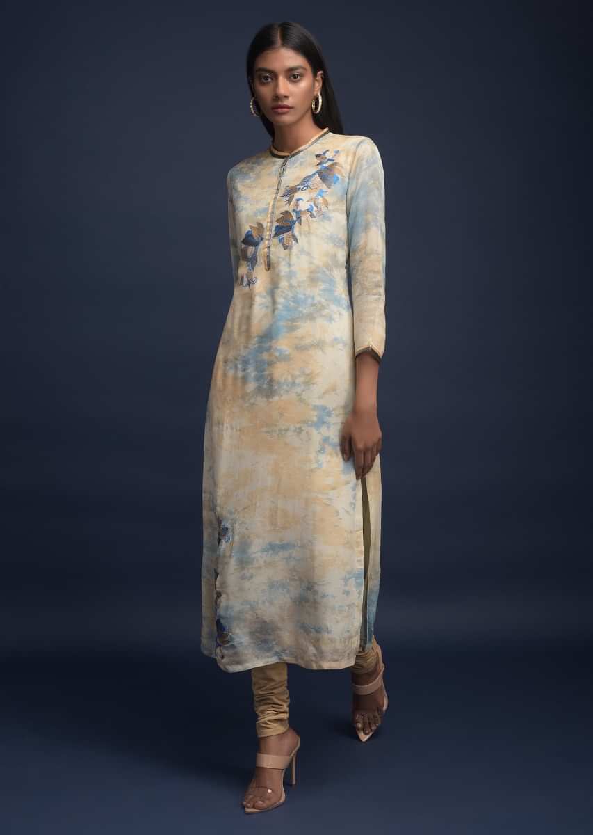 Buy Navy Blue Straight Cut Kurti And Dupatta Set With Multi Colored Thread  And Moti Embroidered Floral Design Online  Kalki Fashion