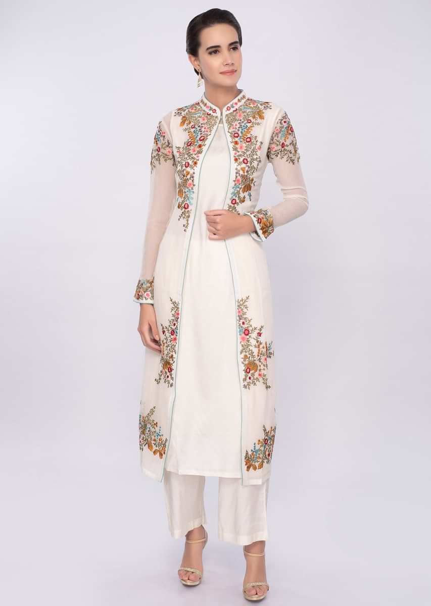 Off white three piece suit in floral resham embroidery only on Kalki
