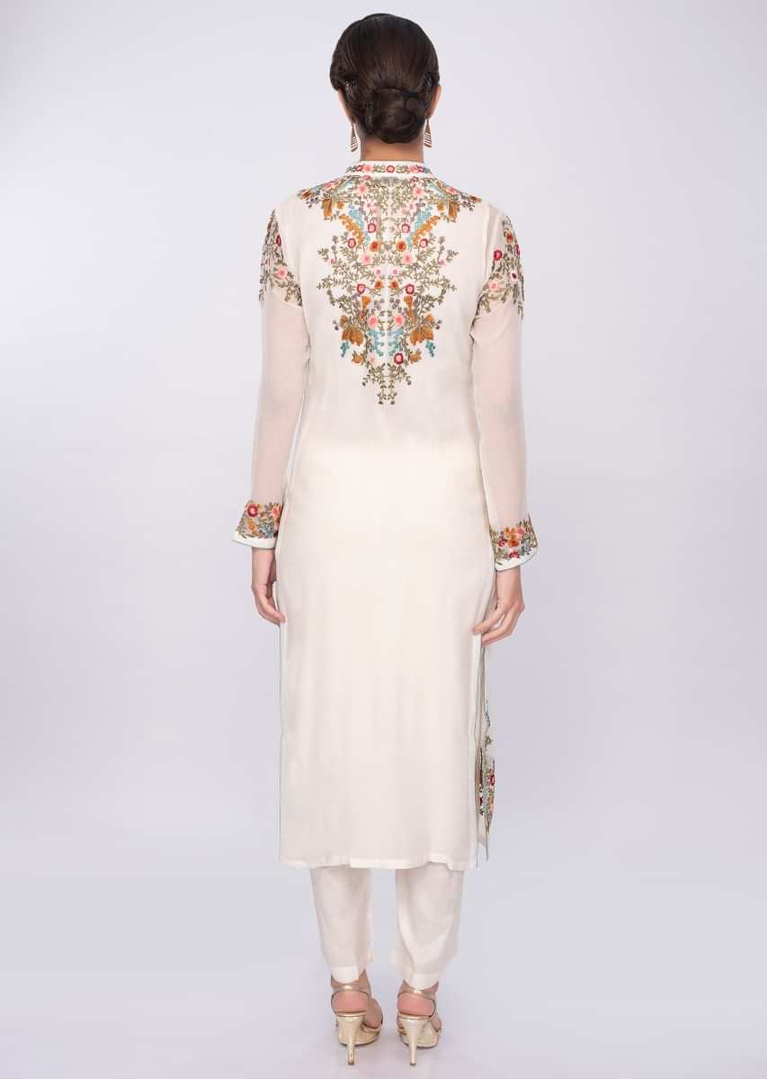 Off white three piece suit in floral resham embroidery only on Kalki