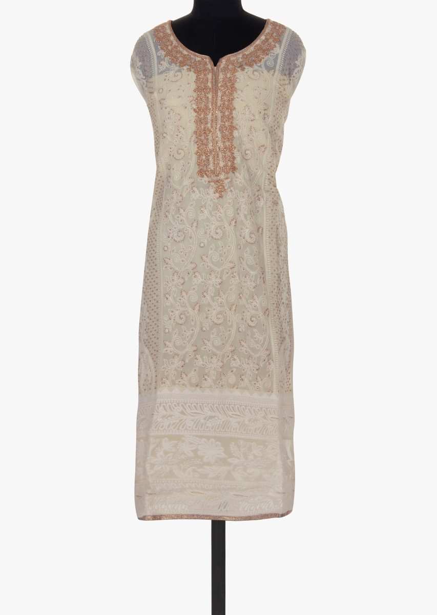 Off white unstitched georgette suit in lucknowi thread embroidery 