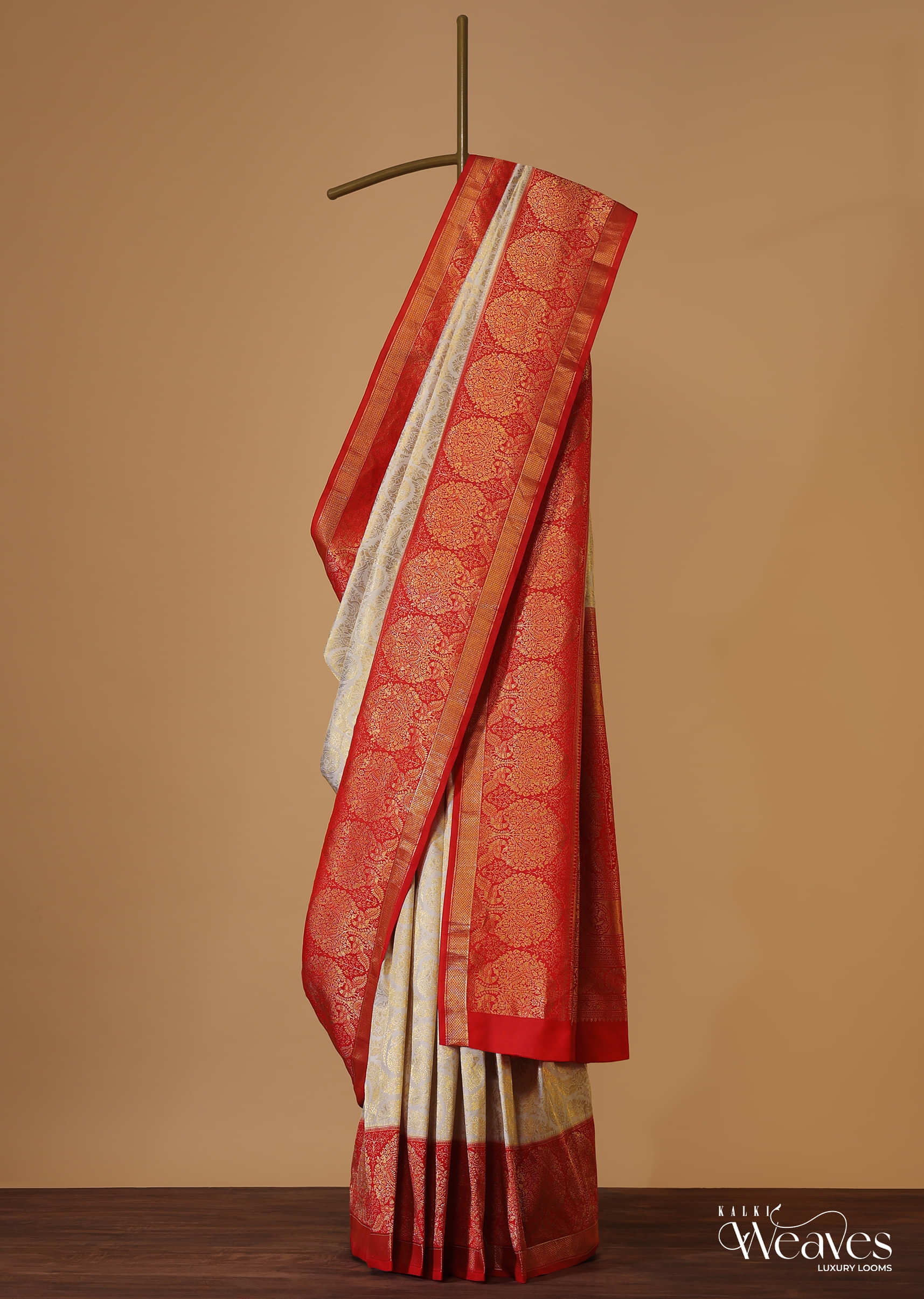 White Kanchipuram Silk Saree with Red Long Border