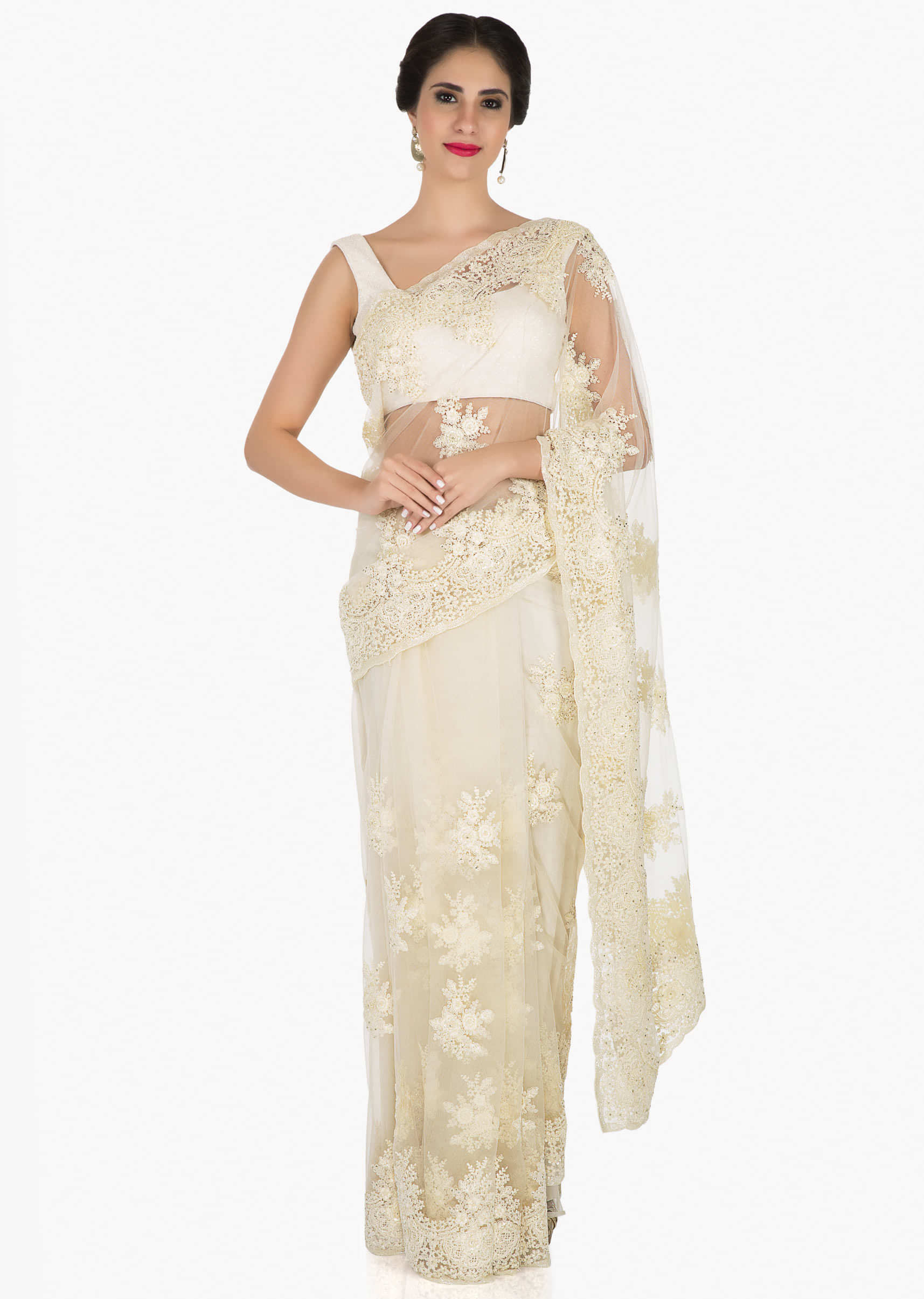 Off-white saree in net crafted in pretty thread work only on Kalki
