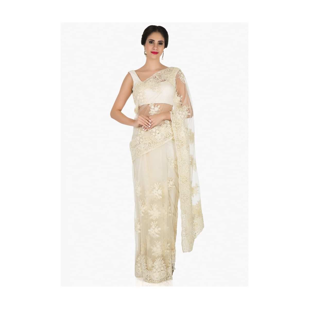 Off-white saree in net crafted in pretty thread work only on Kalki
