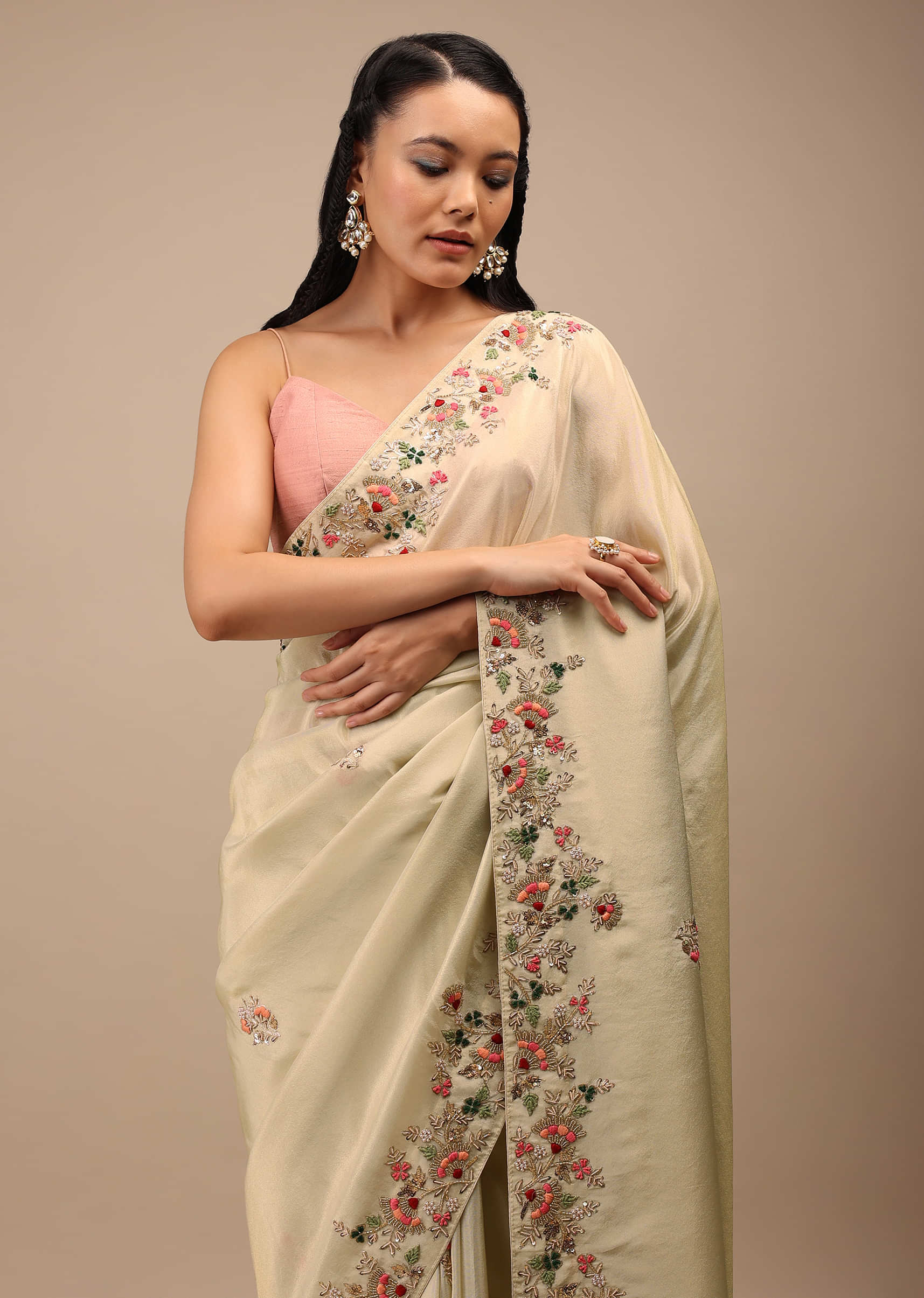 Off-White Shimmer Saree In Pink And Coral Resham Embroidery On The Border, Crafted In Shimmer With Floral Embroidery Buttis