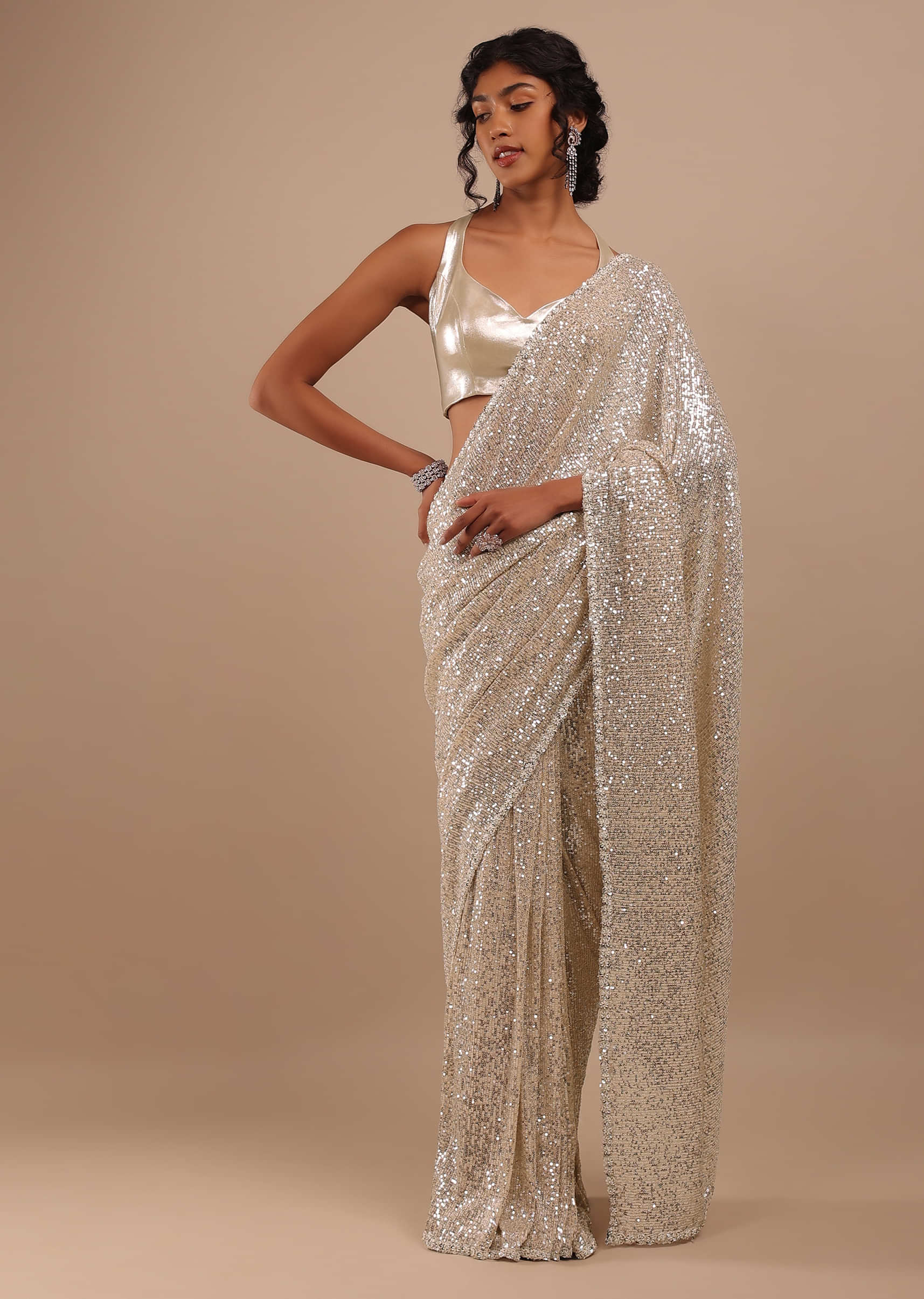 Lycra Ready to Drape Grey and Gold Shimmer Saree