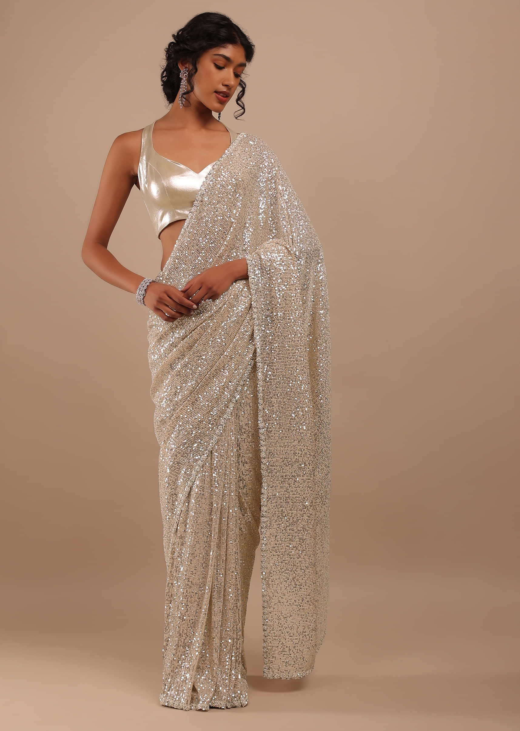 Off-White Shimmer Saree In Sequins And Threadwork Embroidery