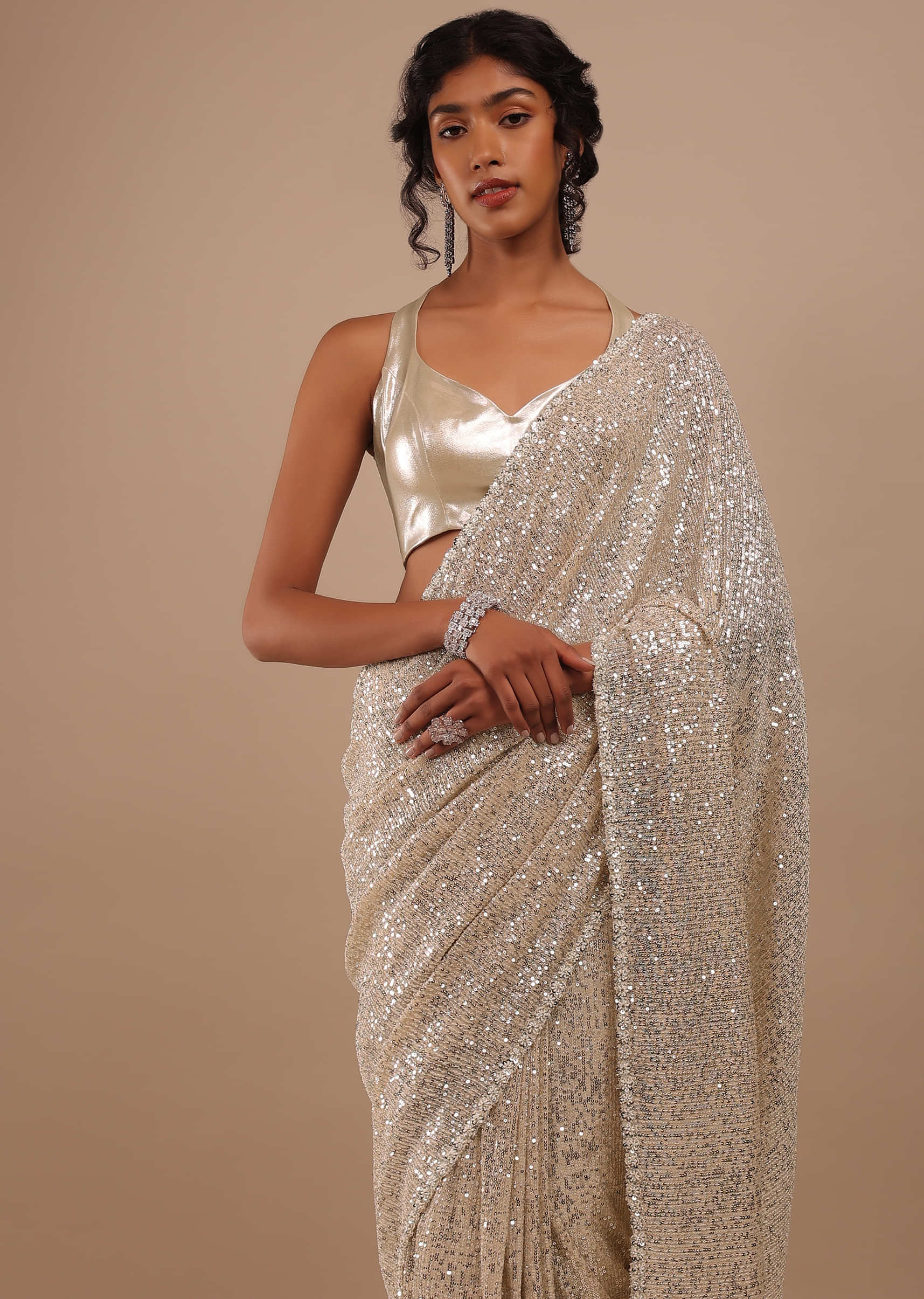 Off-White Shimmer Saree In Sequins And Threadwork Embroidery