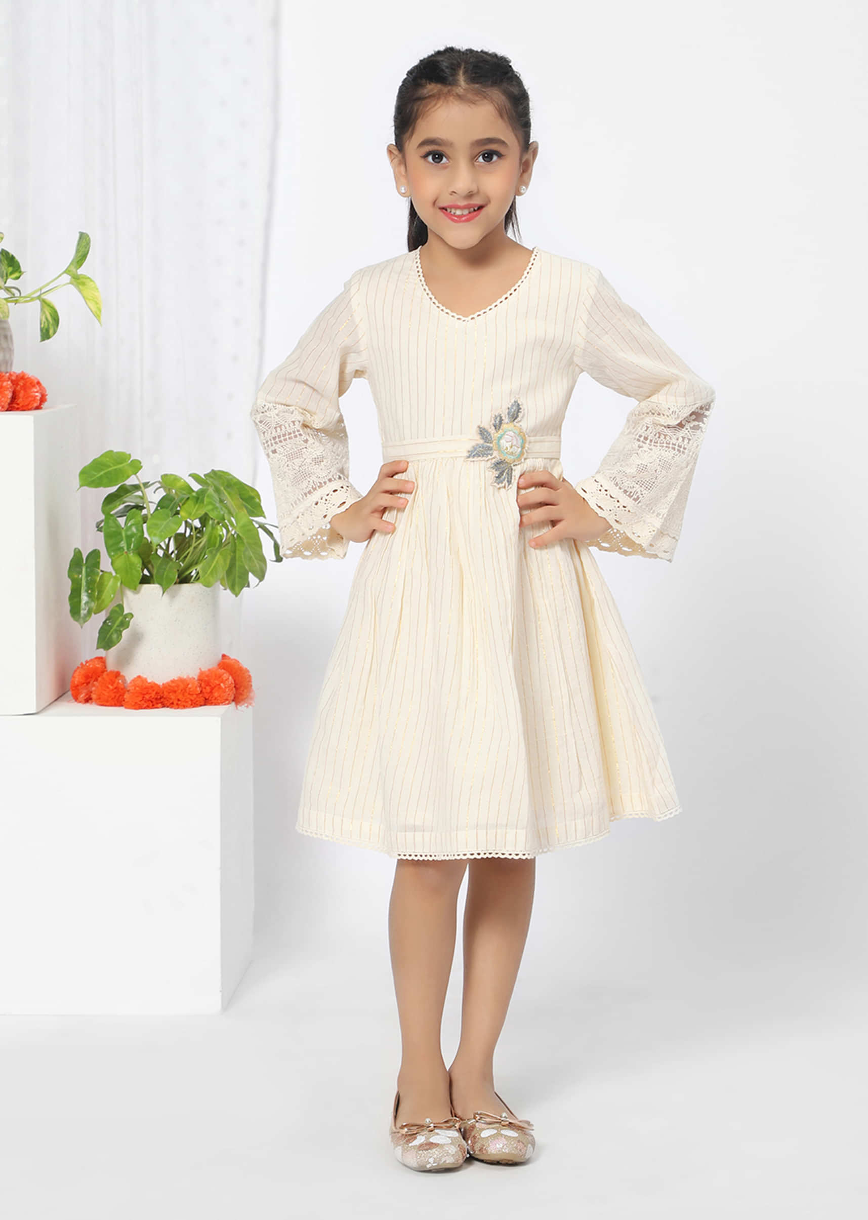 Kalki Girls Off White A Line Dress With Lace Detailing, Patchwork And Bell Sleeves By Mini Chic