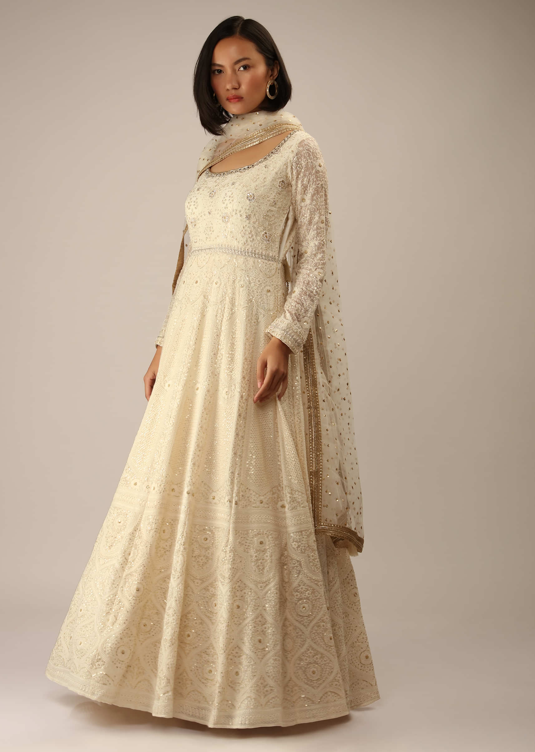 Off White Anarkali Suit In Georgette With Lucknowi Thread And Sequins Embroidered Mughal Kalis And Full Sleeves