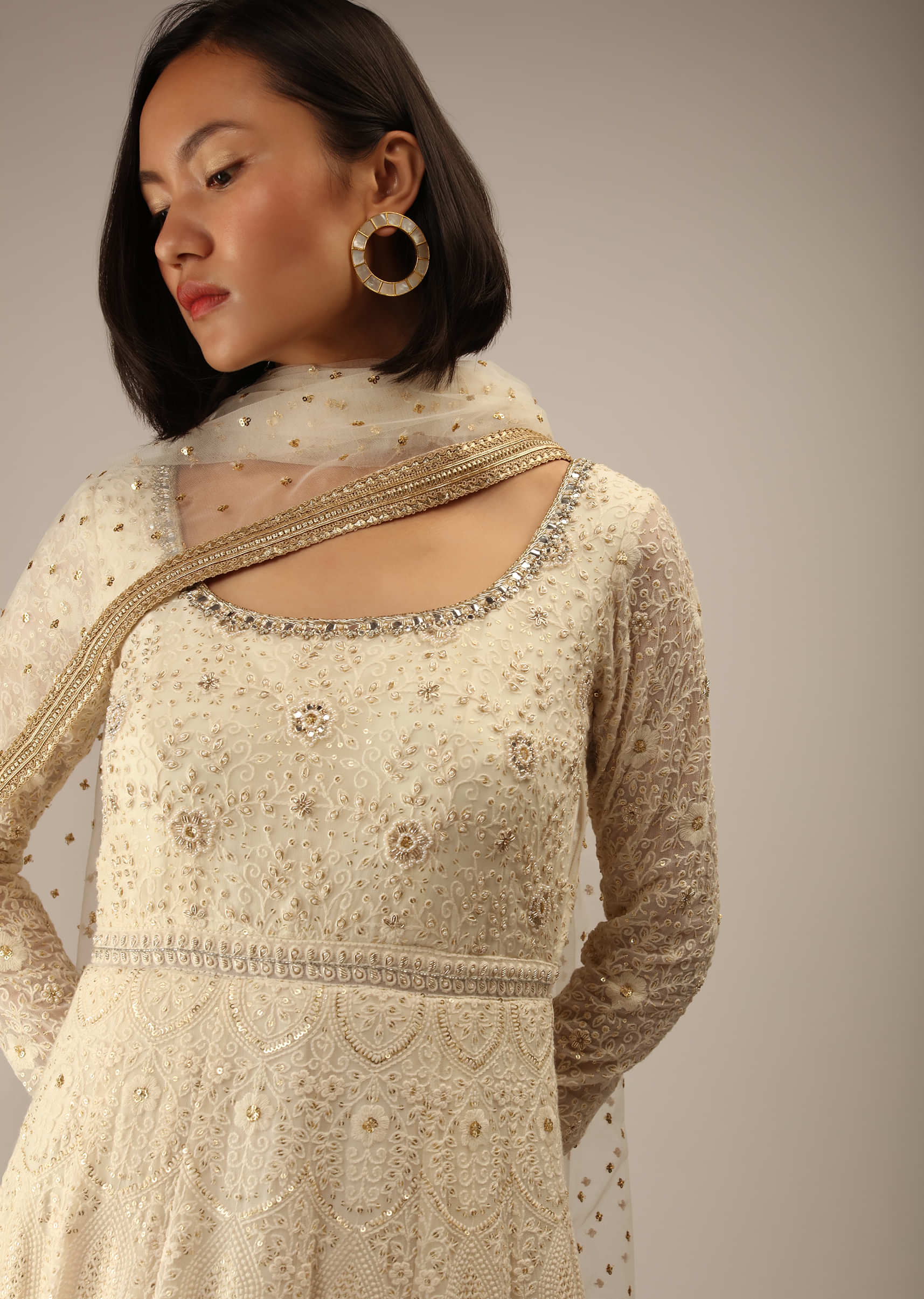 Off White Anarkali Suit In Georgette With Lucknowi Thread And Sequins Embroidered Mughal Kalis And Full Sleeves